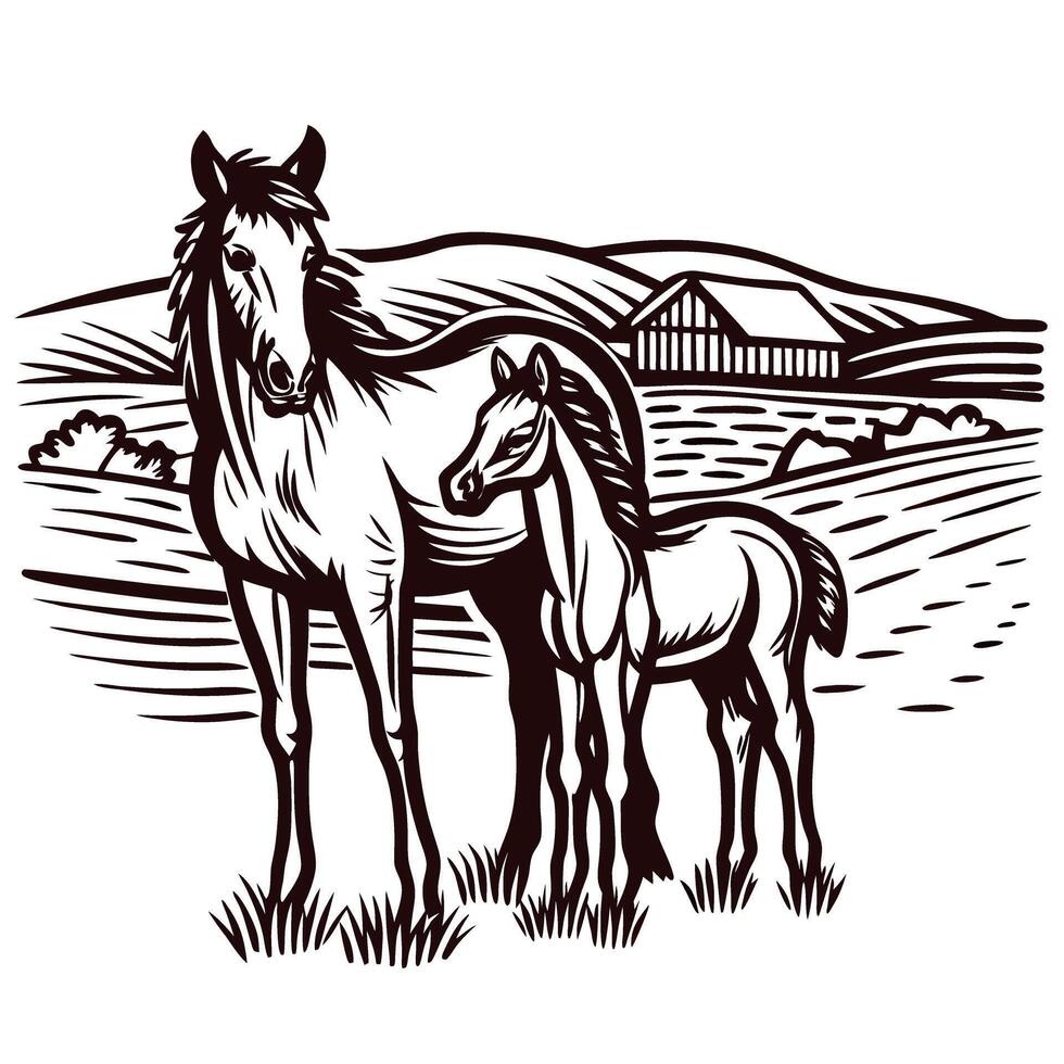 Mother horse with foal standing in countryside field, barn and hills in background, detailed engraved illustration vector