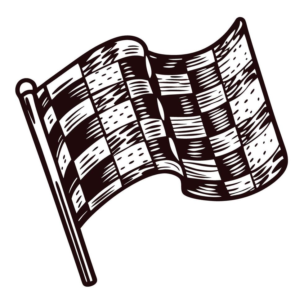 Hand drawn sketch of a waving checkered flag isolated on white background in vintage engraved vector