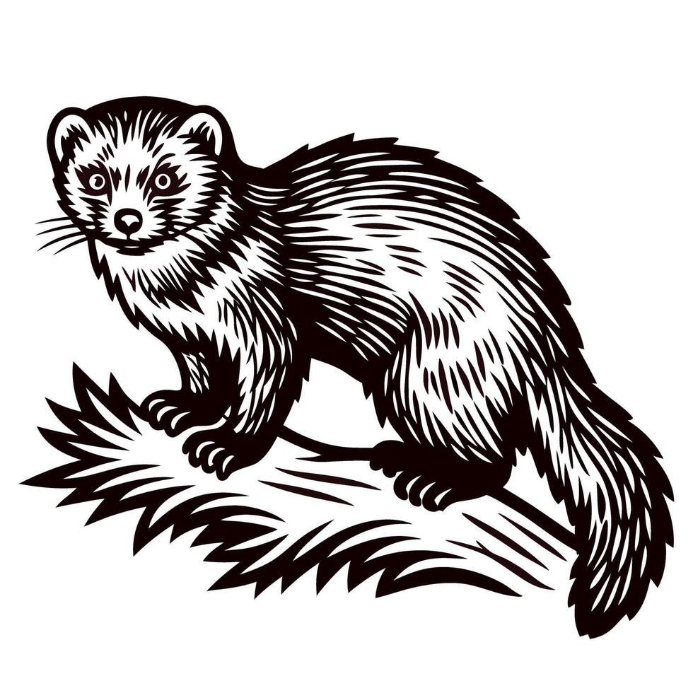 Woodcut of a ferret on a log with detailed fur texture and intricate lines vector