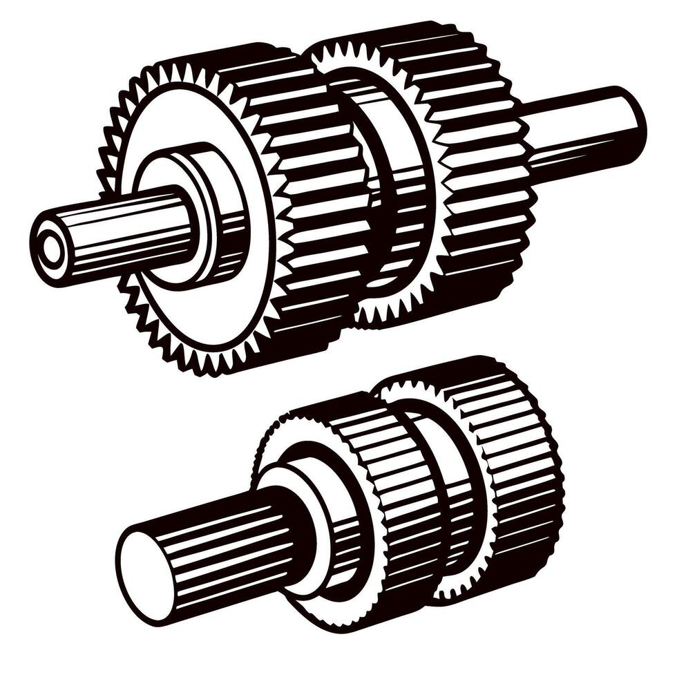 Mechanical hand drawn gear mechanism illustration showing two interlocking toothed wheels and rotating shafts in vintage vector