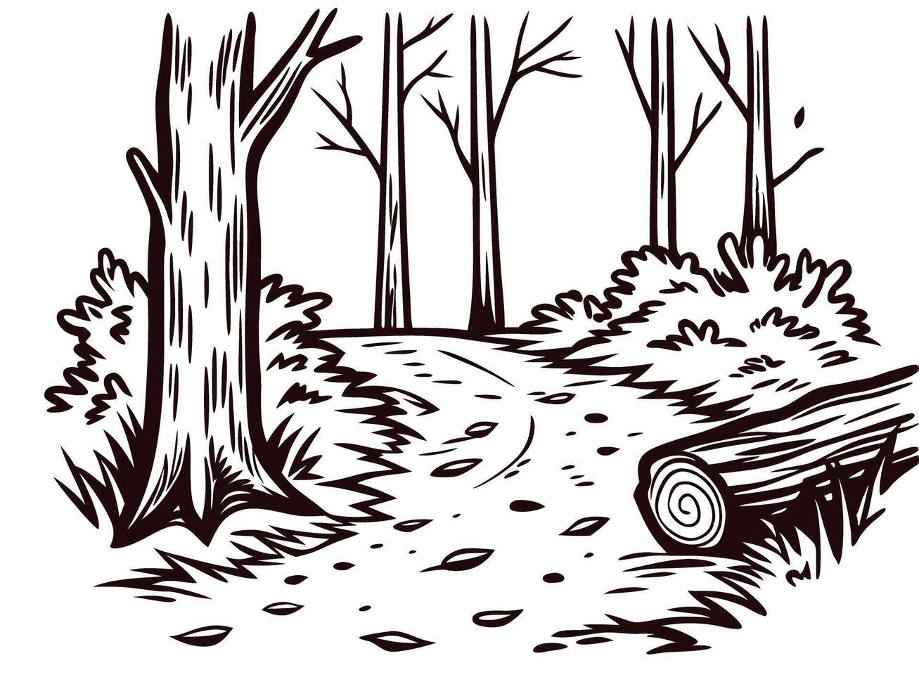 Forest trail in winter landscape with bare trees and leafy path vector