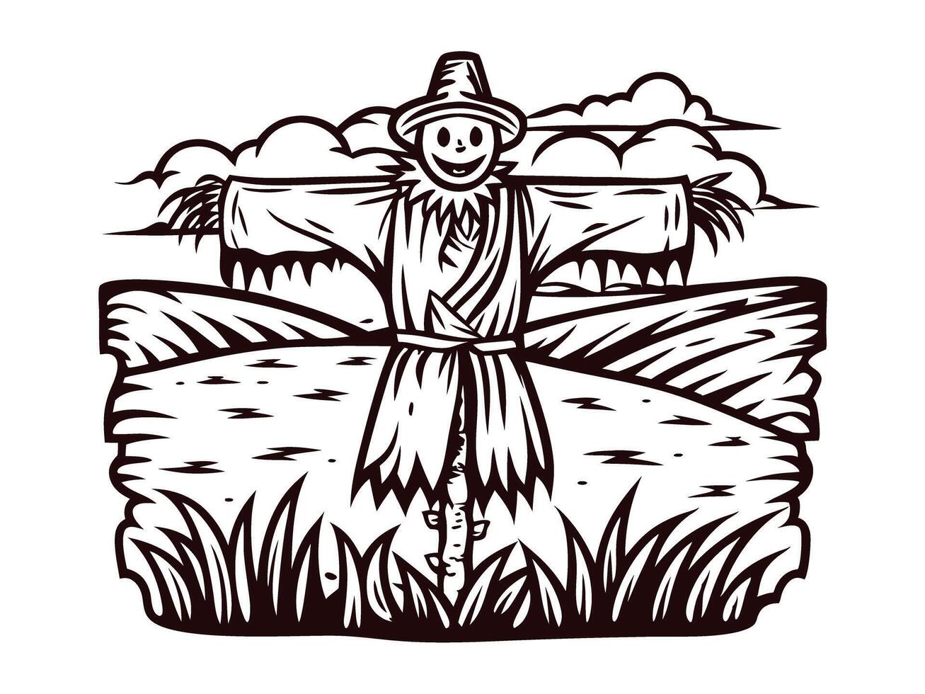 Animated scarecrow in countryside field with rolling hills and clouds vector