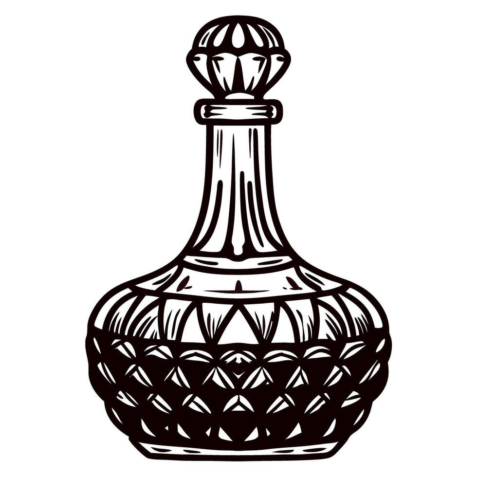 Intricate vintage crystal decanter bottle illustration with ornate stopper and geometric etched pattern vector