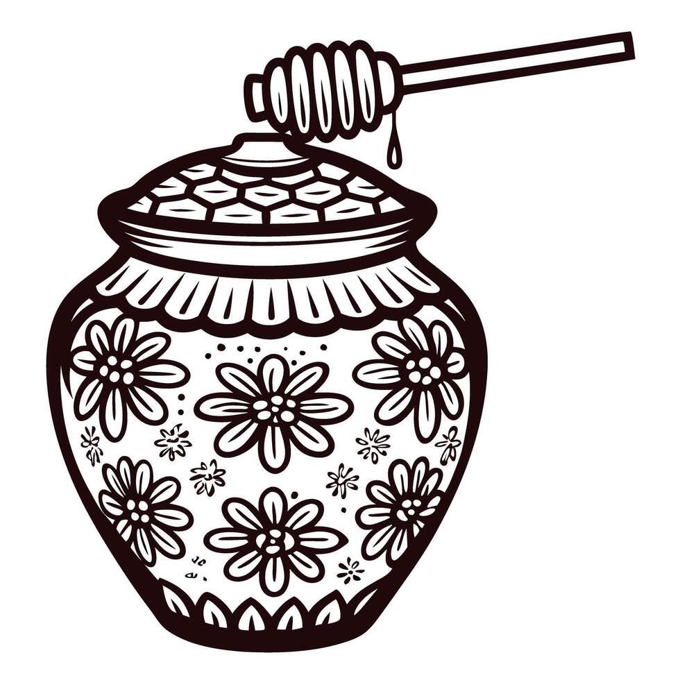 Hand drawn honey jar with floral pattern and honey dipper dripping liquid engraved line art illustration vector