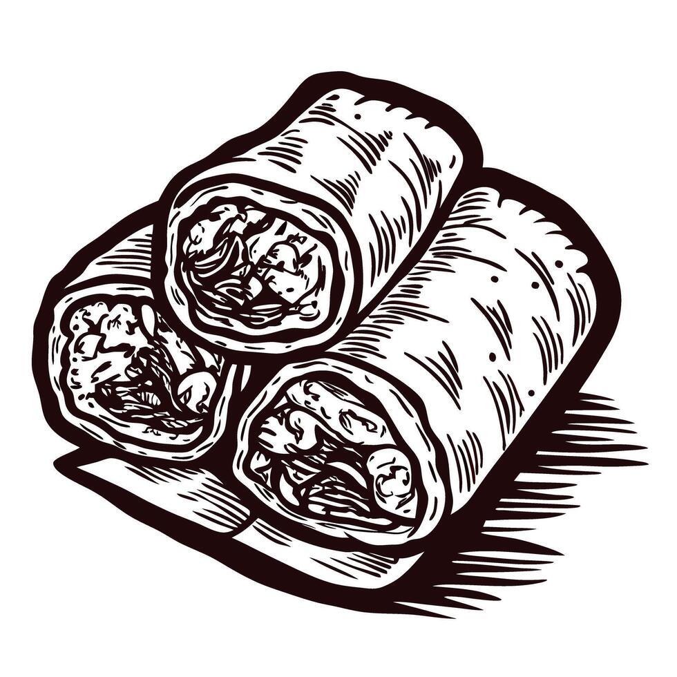 Hand drawn burrito wraps with filling isolated on white background vintage engraved illustration food concept vector