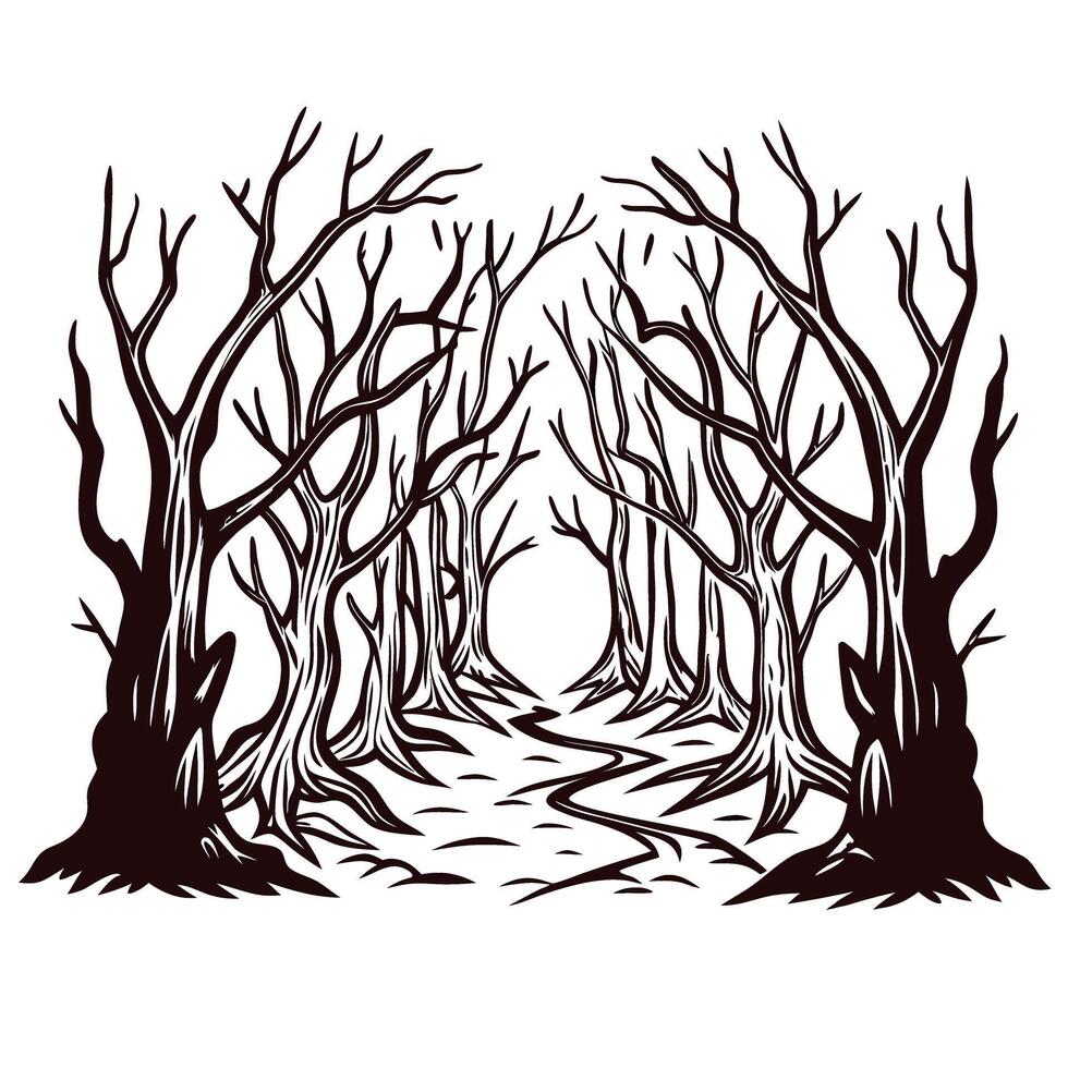 Bare leafless forest trees arching over winding path with dark silhouettes, detailed hand drawn illustration vector
