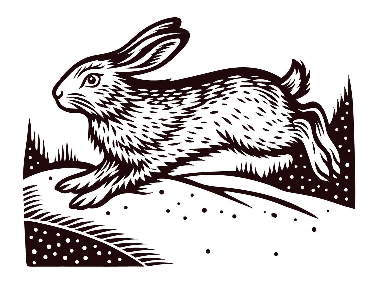 Hare leaping across a field in detailed black and white artwork vector