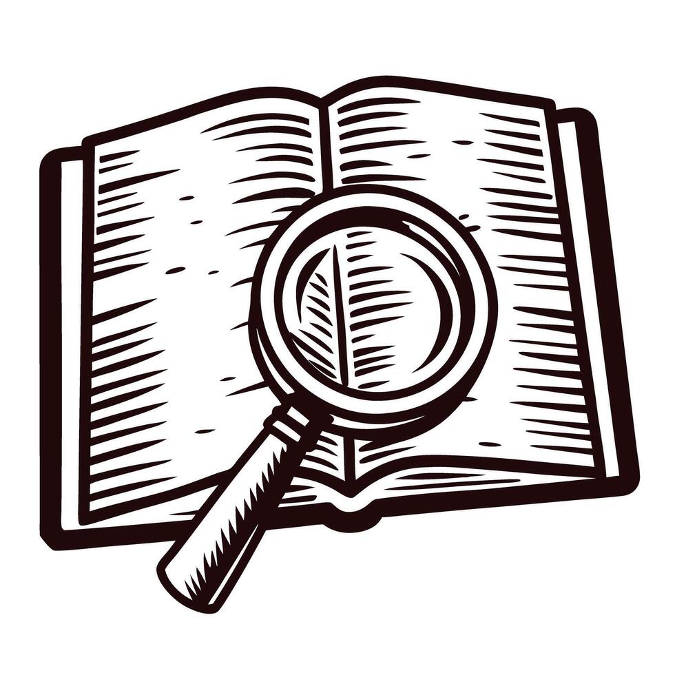 Vintage engraved illustration of an open book with a magnifying glass lying on the pages vector