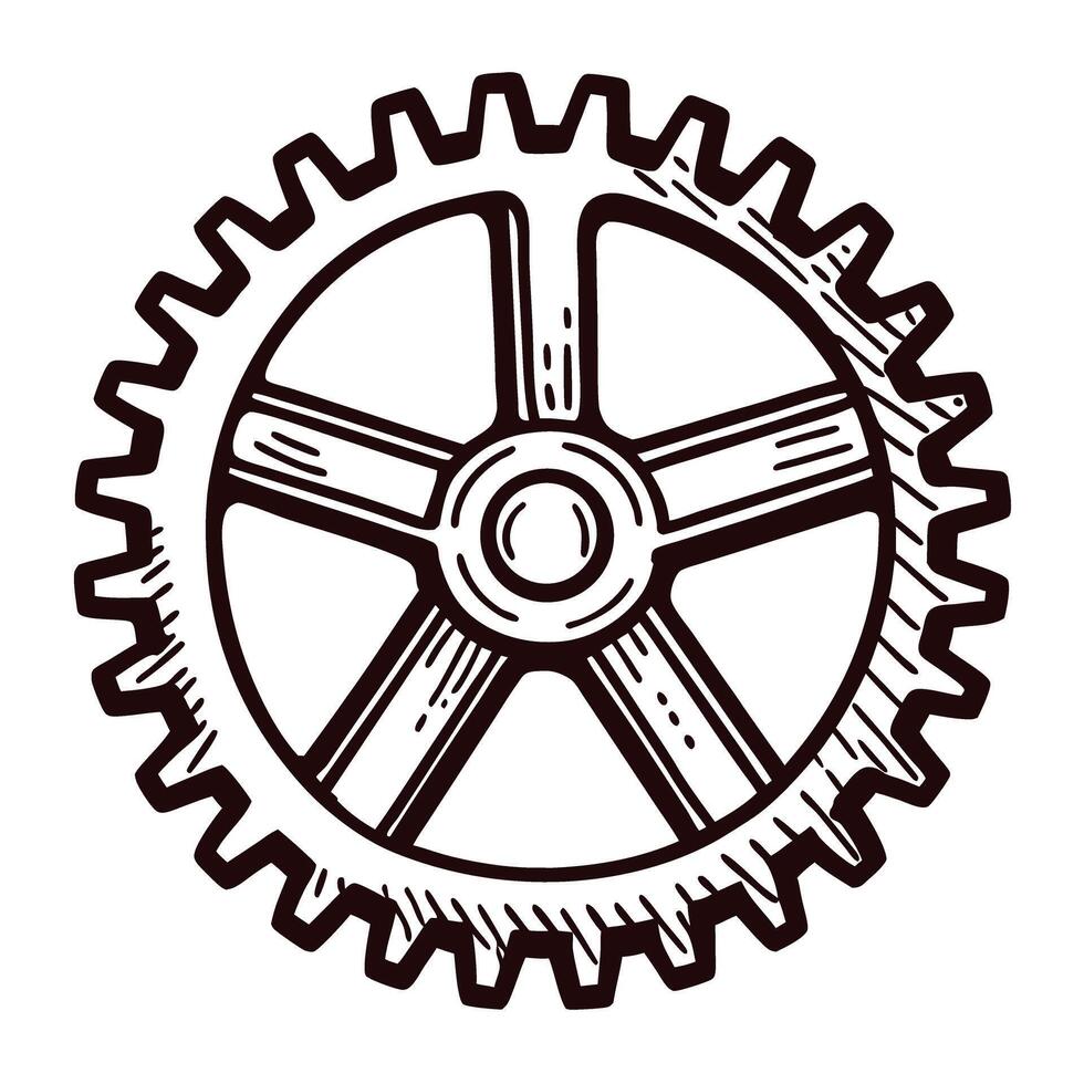 Hand drawn mechanical gear wheel with detailed cogs illustration isolated on white background vector