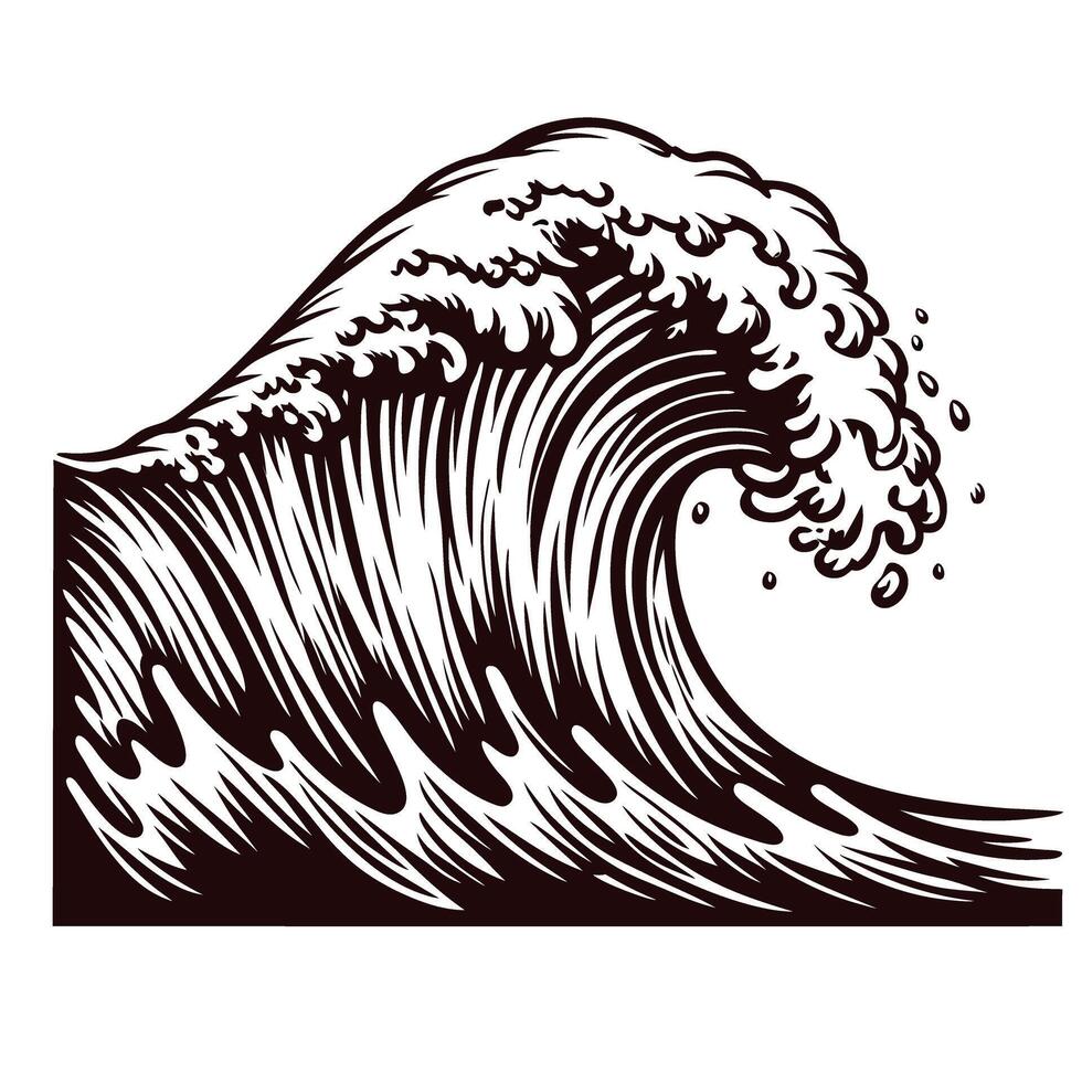 Intricate hand drawn ocean wave in vintage engraving with detailed curling crest and dynamic water splash vector