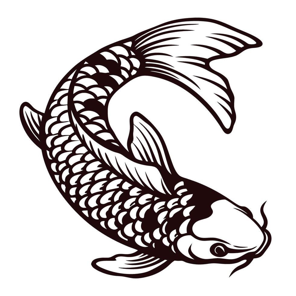 Detailed black and white illustration of koi carp fish in dynamic curved pose with intricate scale pattern vector