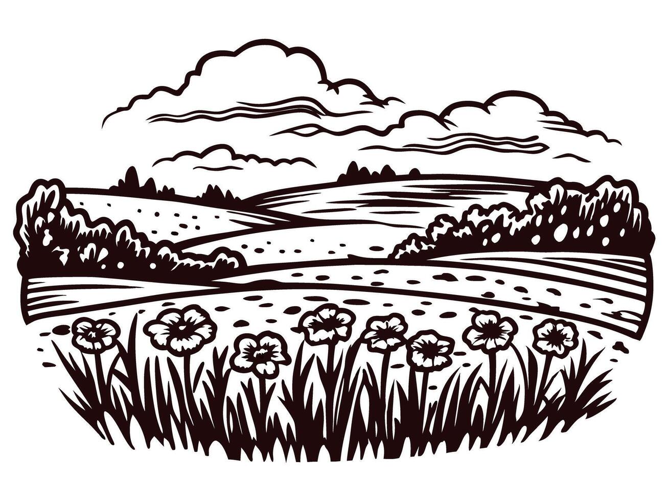 Scenic countryside landscape with rolling hills and blooming wildflowers under cloudy sky vector