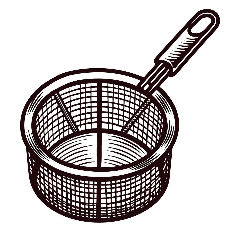Hand drawn wire mesh skimmer with handle isolated on white background vintage engraving culinary utensil illustration vector