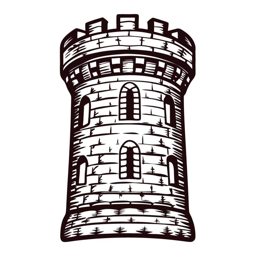 Hand drawn medieval stone tower with arched windows and battlements isolated on white background vector