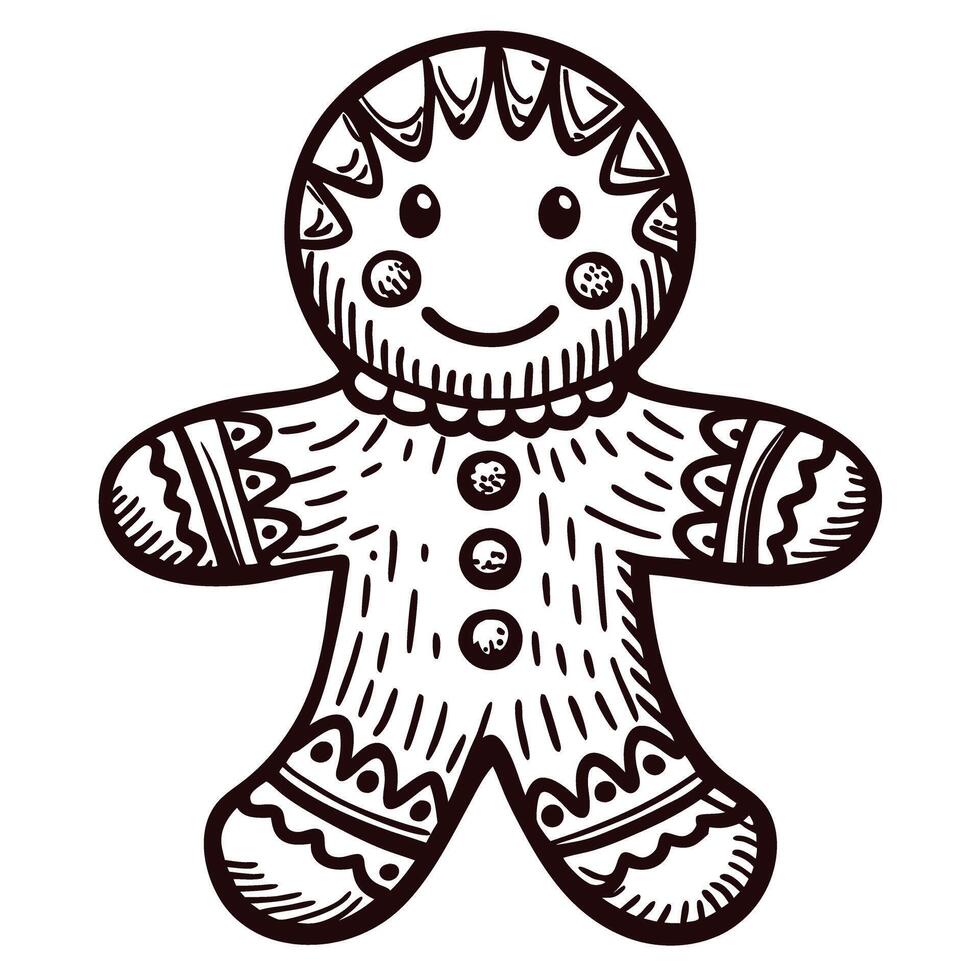 Hand drawn gingerbread man cookie outline illustration with decorative icing details and smiling face vector