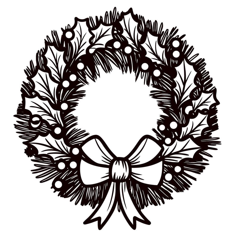 Hand drawn christmas wreath with holly leaves, berries, pine branches and festive bow illustration vector