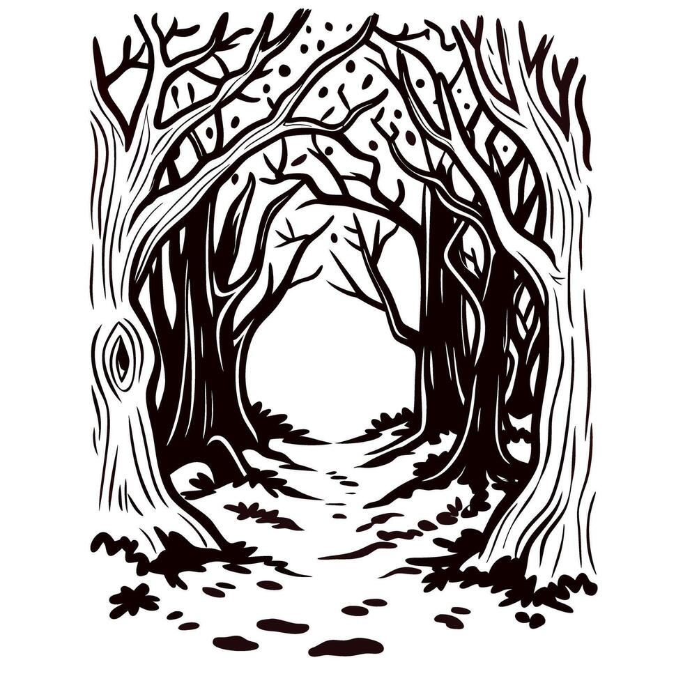 Enchanted forest path illustration with bare twisted trees, mysterious woodland, detailed hand drawn black and white vector
