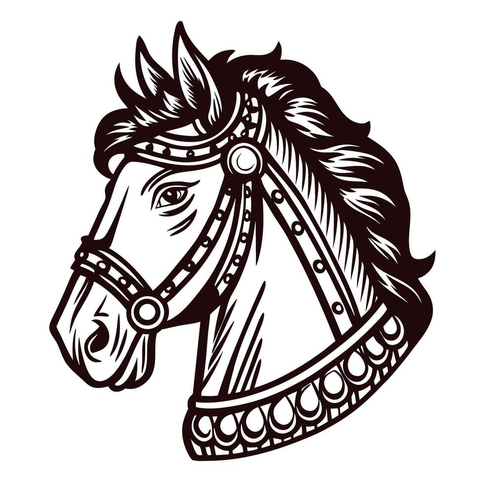 Ornate engraved horse head with bridle in vintage illustration on white background vector