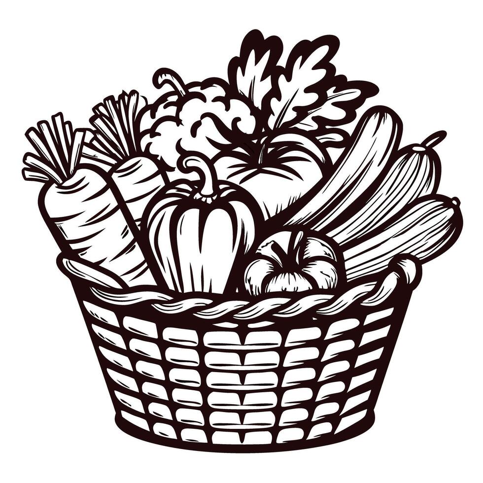 Hand drawn basket filled with assorted vegetables including carrot, pepper, squash, tomato, zucchini, and leafy greens vector