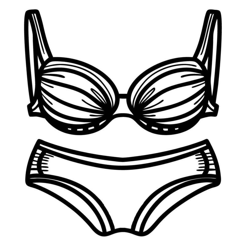 Hand drawn illustration of modern bikini swimsuit top and bottom in black outline on white background vector