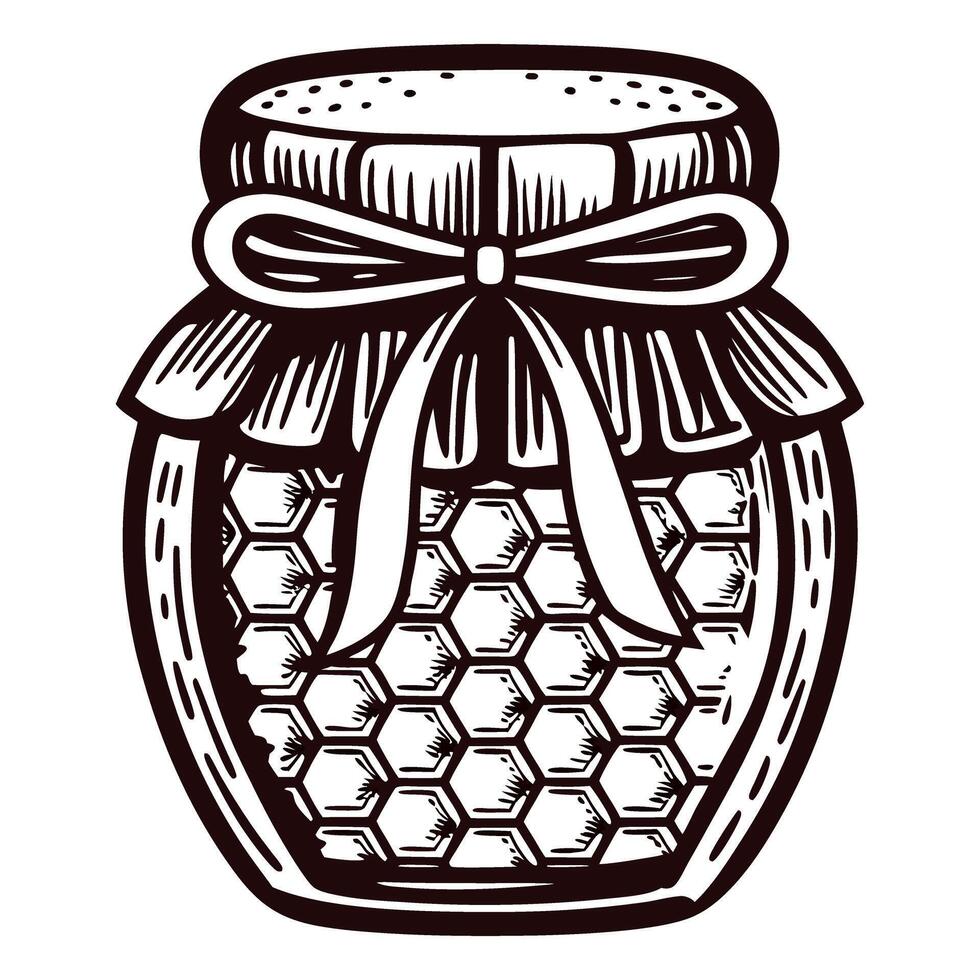 Vintage honey jar with honeycomb design and decorative ribbon vector