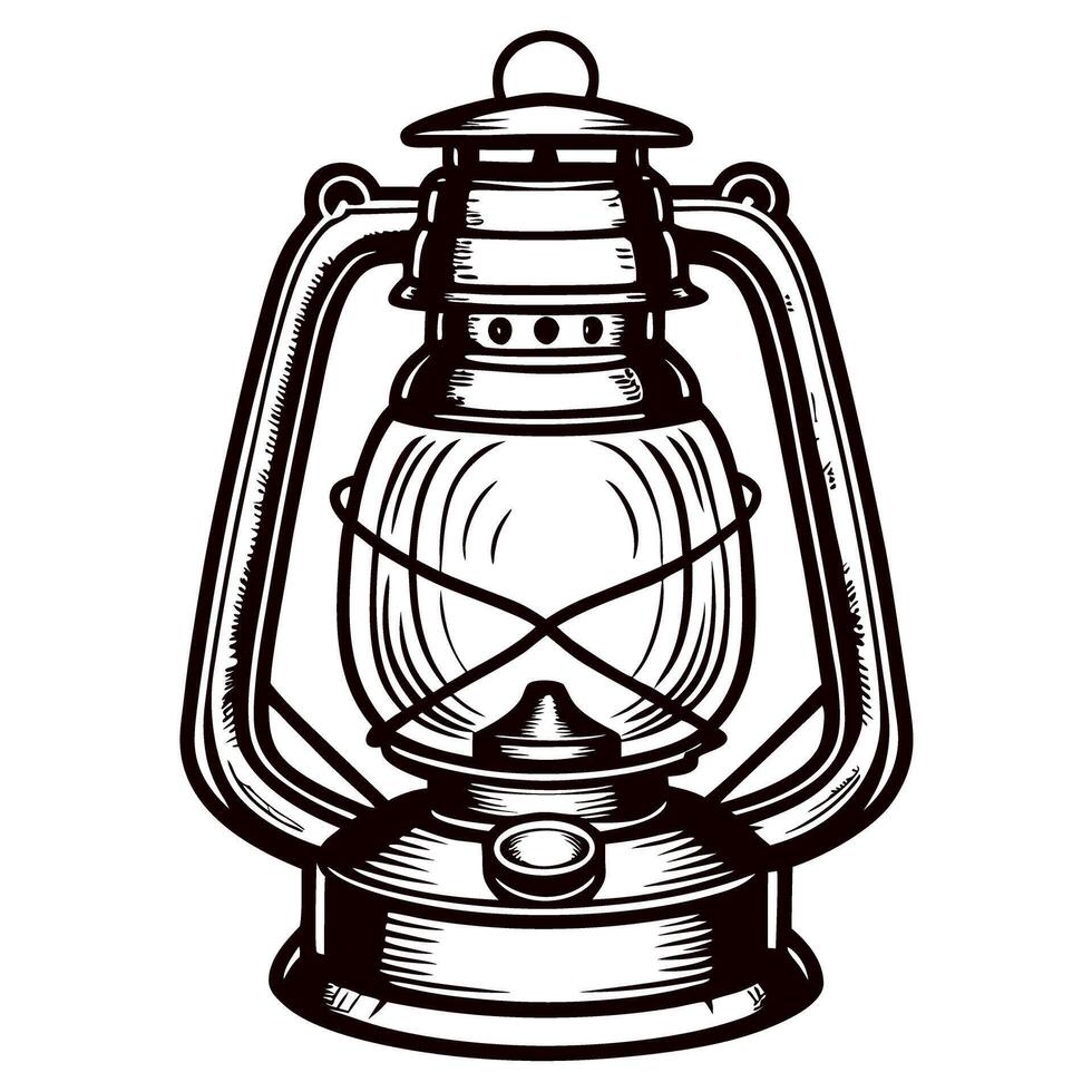 Hand drawn vintage lantern illustration with detailed lines and ornate metal frame isolated on white background vector