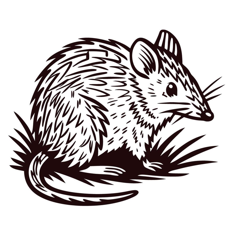 Hand drawn illustration of a spiny mouse sitting on grass isolated on white background vintage engraved animal sketch vector