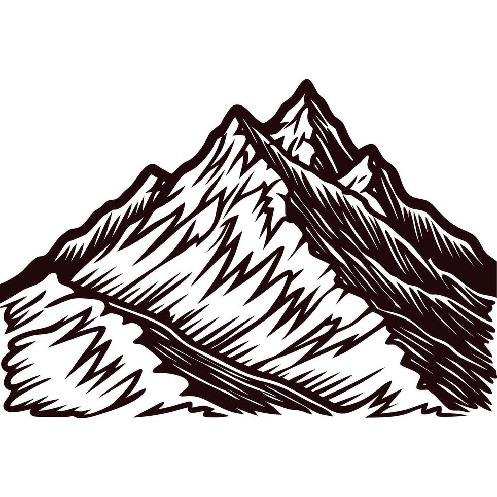 Engraved vintage mountain landscape illustration hand drawn snowy peak and ridges with detailed linework on white background vector