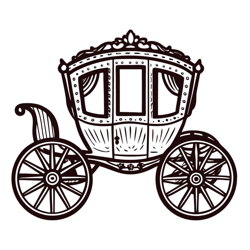 Ornate hand drawn vintage royal carriage with elegant decoration and large wheels isolated on white background vector
