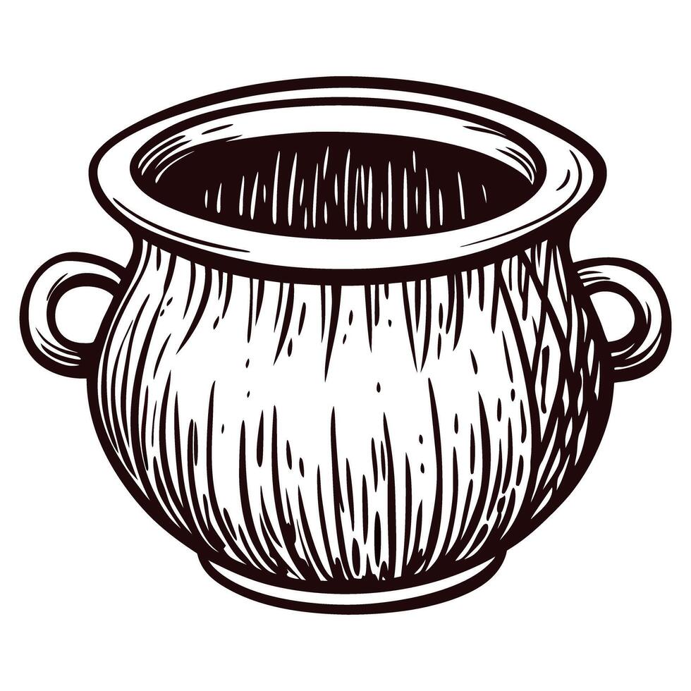 Hand drawn vintage cooking pot with two handles engraved black and white cauldron illustration vector