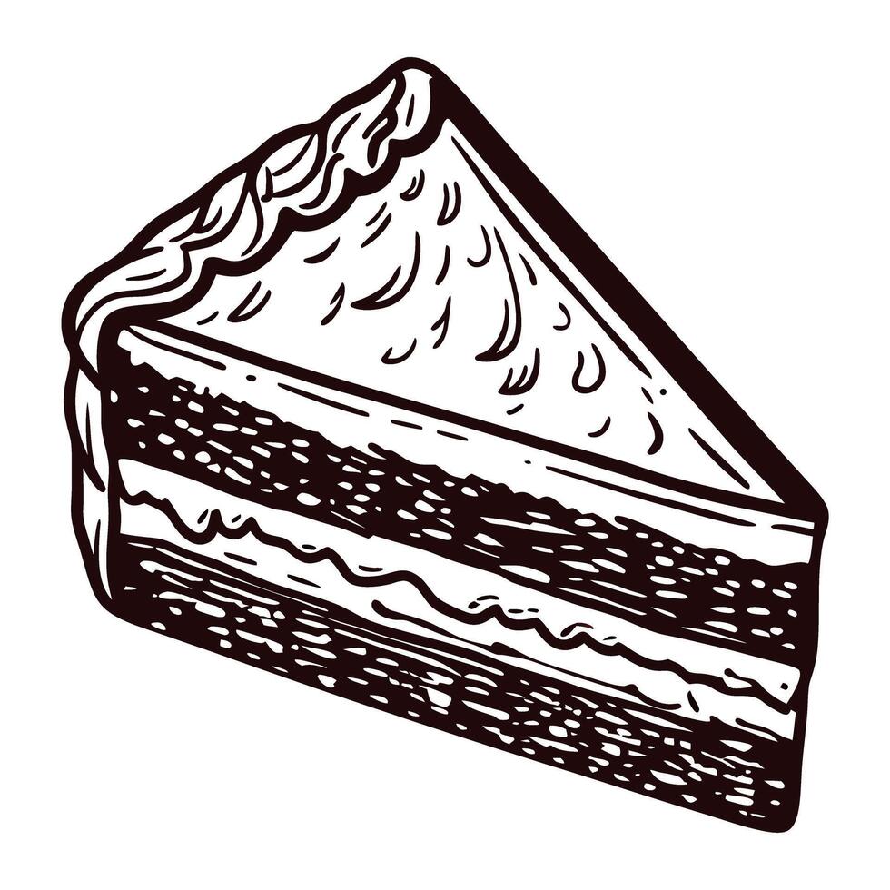 Hand drawn slice of layered chocolate cake with cream filling vintage engraved bakery dessert illustration vector