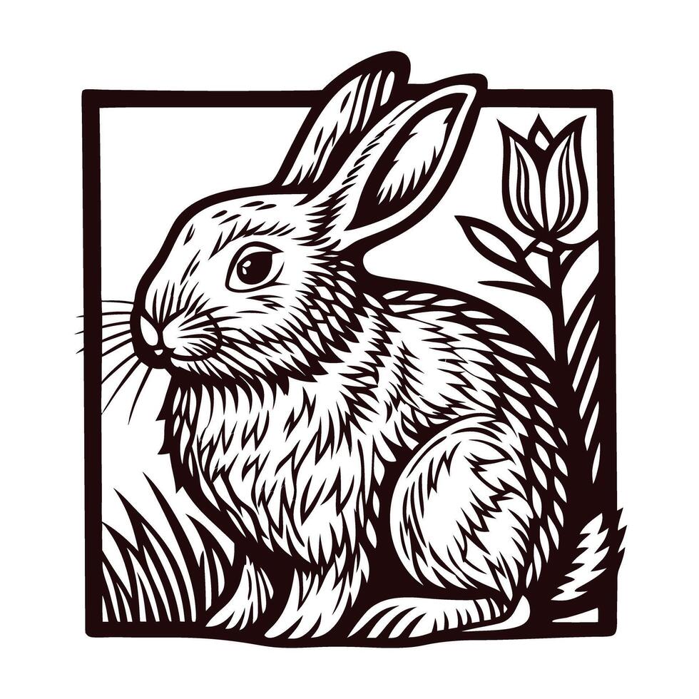 Intricate hand drawn rabbit illustration with floral frame in vintage engraving vector