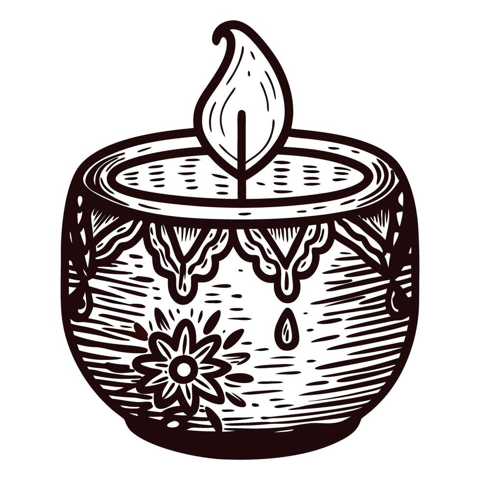 Hand drawn vintage candle with ornate floral pattern and burning flame on white background vector