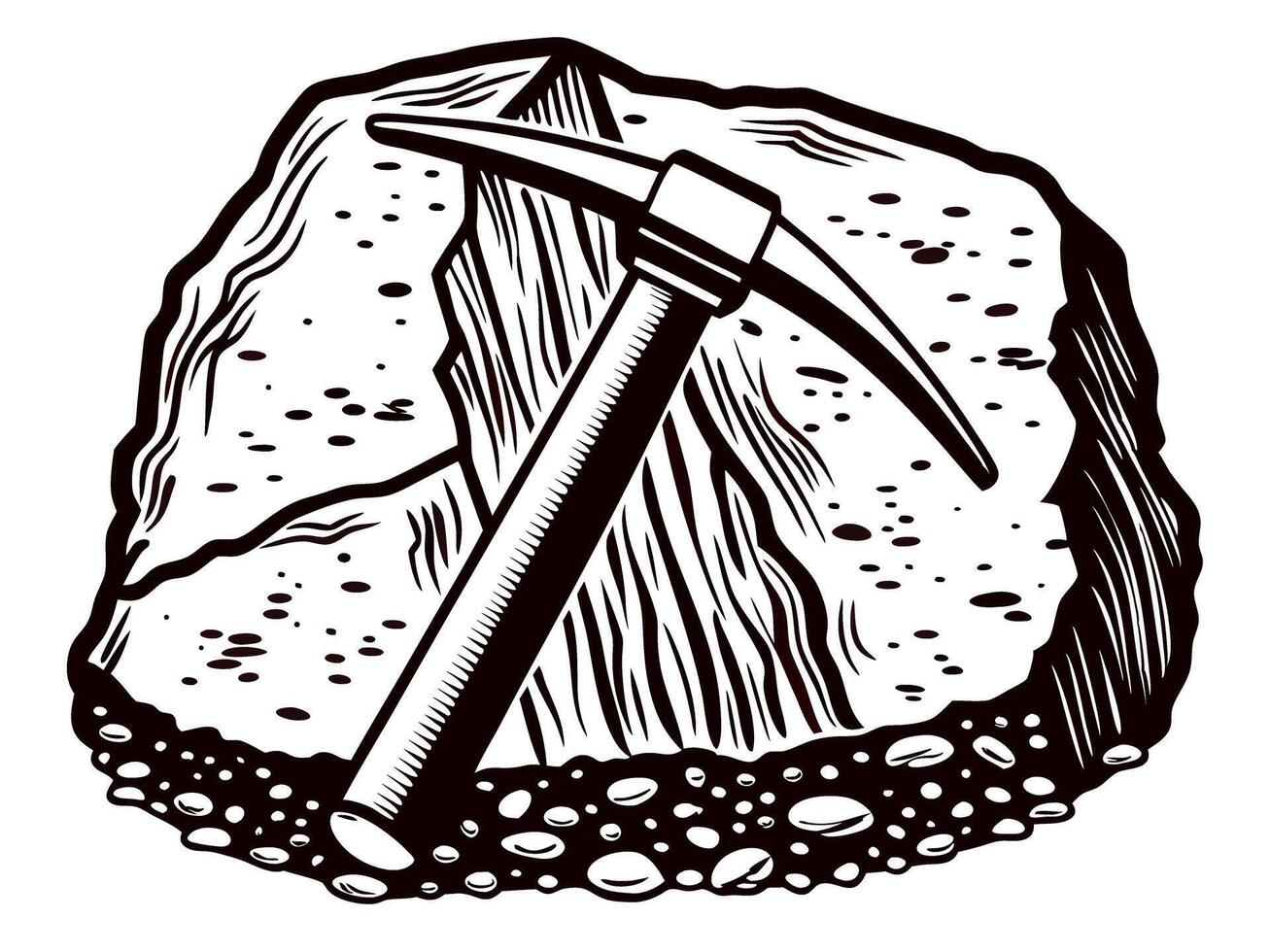 Hand drawn pickaxe resting on large rock vintage engraved engraving mining tool illustration vector
