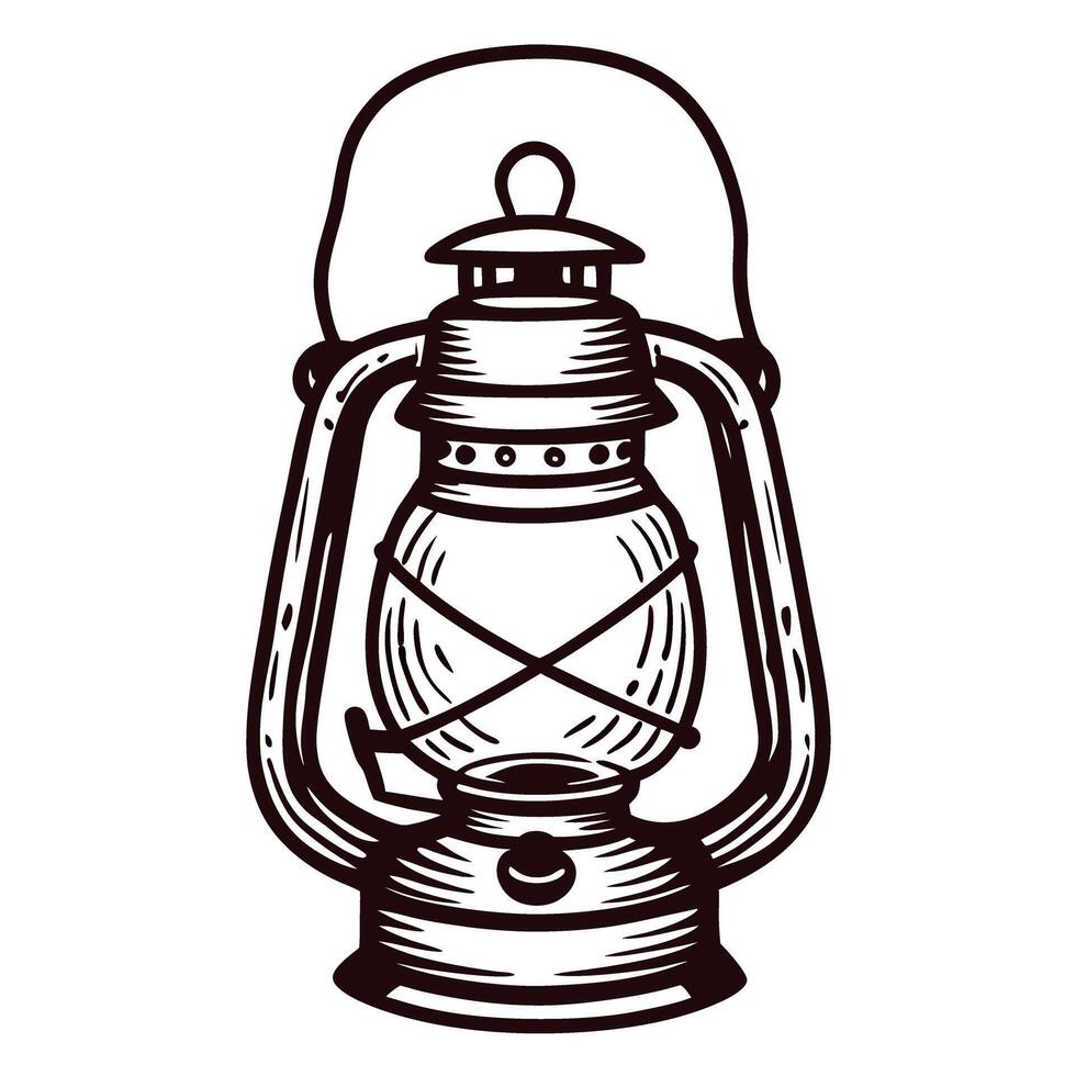 Vintage hand drawn kerosene lantern isolated, retro engraved camping oil lamp illustration vector
