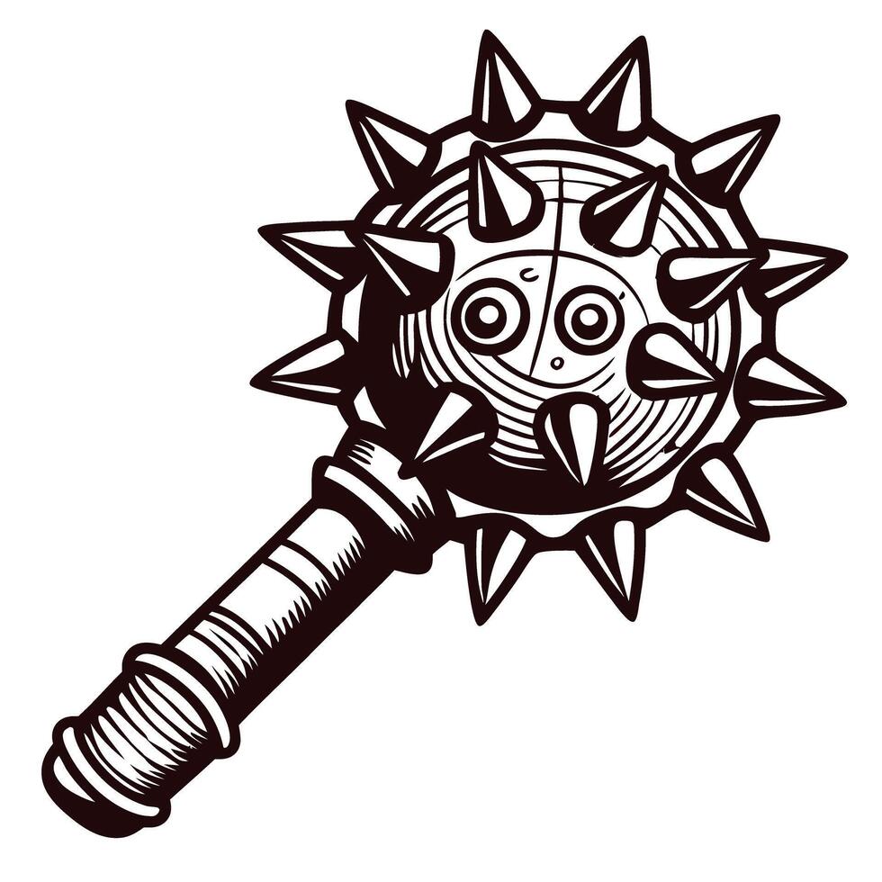 Vintage engraved spiked medieval mace illustration with wooden handle and metal studs isolated on white background vector
