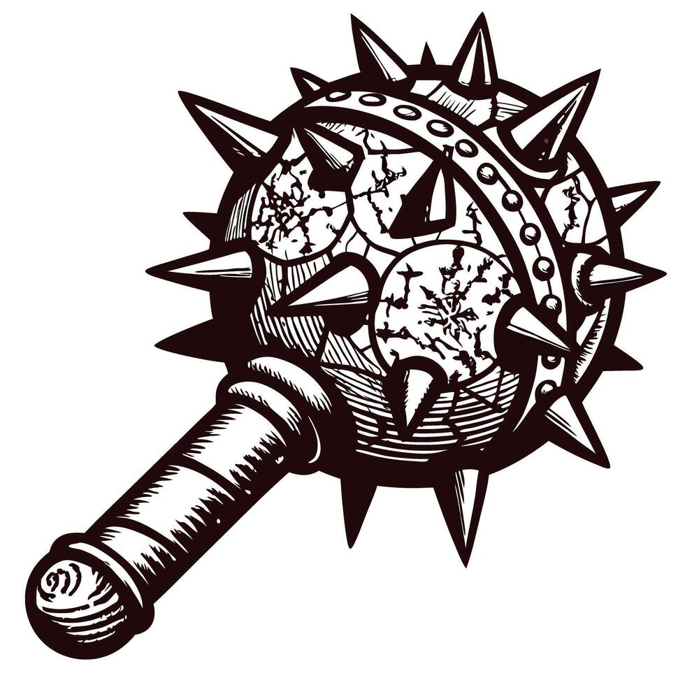 Hand drawn medieval spiked mace weapon isolated vintage engraved illustration of ancient battle club with spikes vector