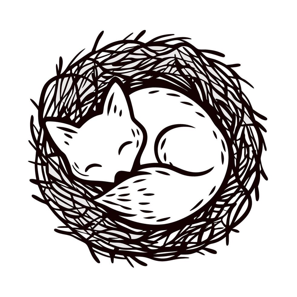 Adorable curled fox resting in a nest illustration hand drawn animal curled up in cozy circular thicket vector