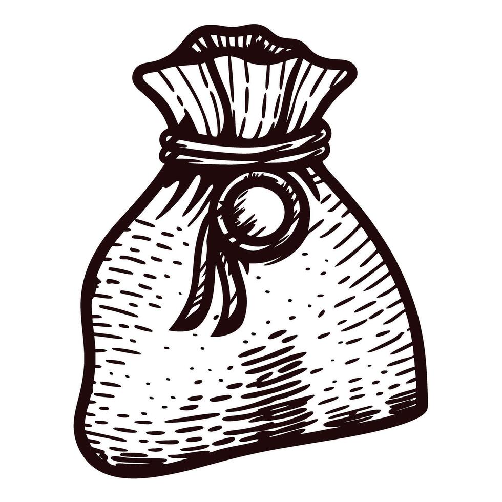 Hand drawn vintage money bag with wax seal and ribbon in engraved sketch on white background vector
