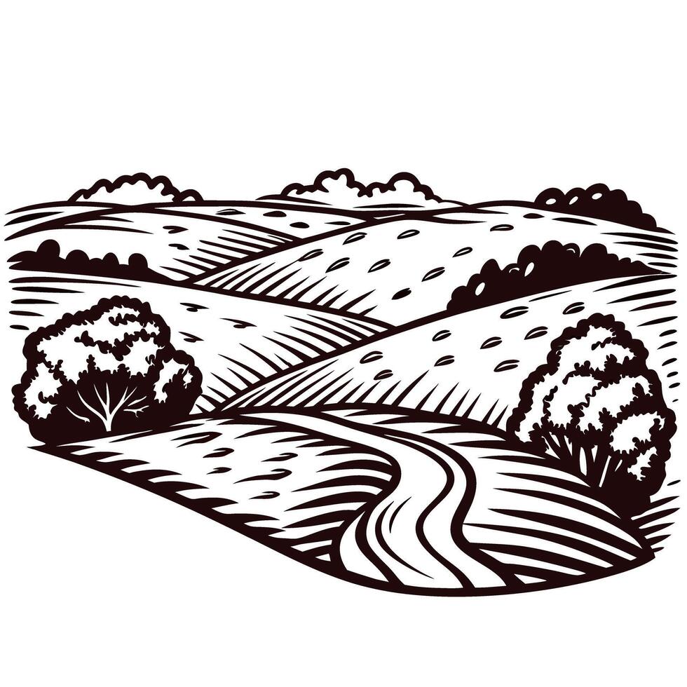 Hand drawn rolling countryside landscape with winding path and trees in vintage engraved vector