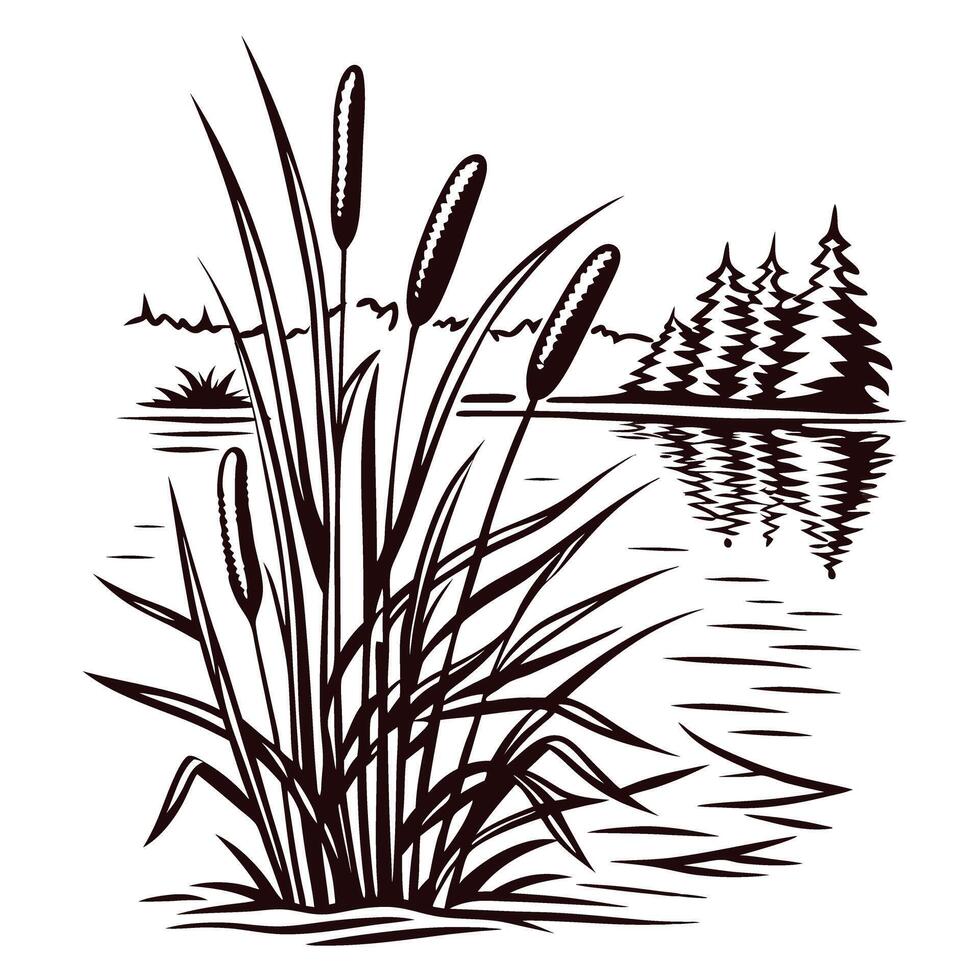 Serene lakeside landscape with cattails and pine trees in black and white art vector