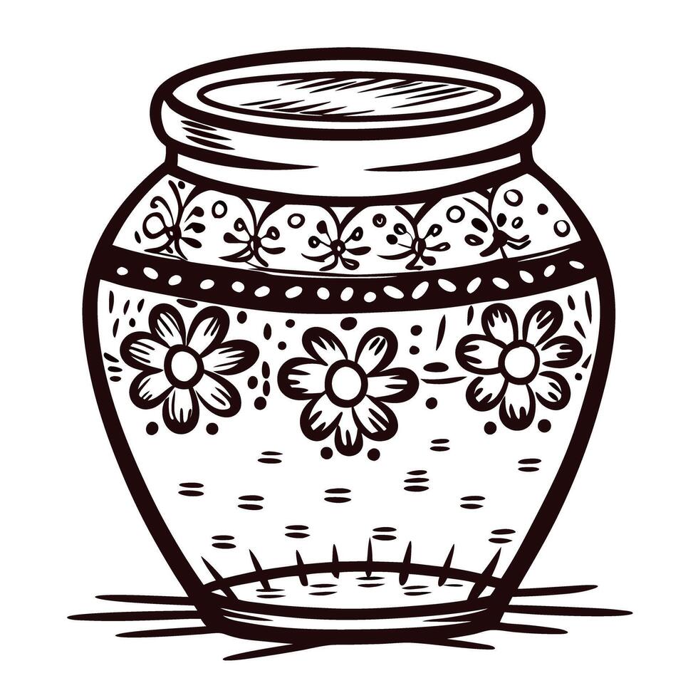 Hand drawn ornamental clay pot with floral pattern and decorative border on white background illustration vector