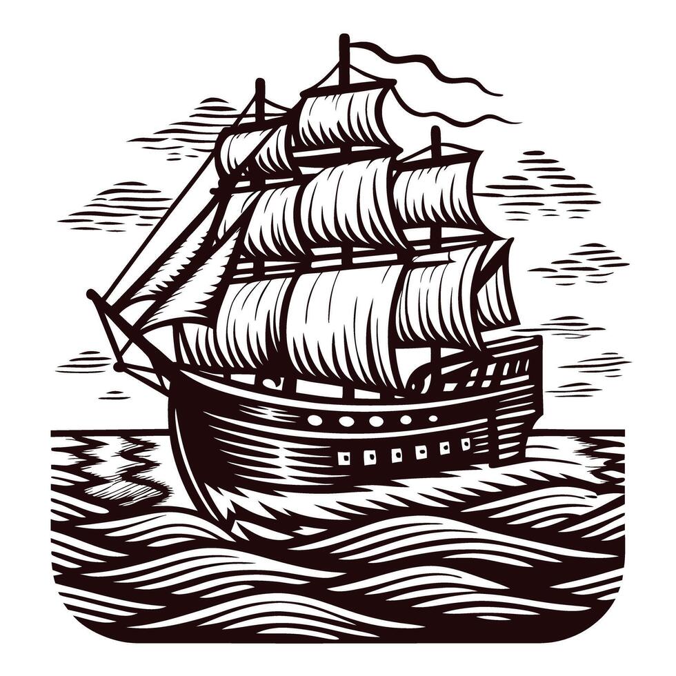 Sailing ship with billowing sails and waves engraved illustration on white background vector