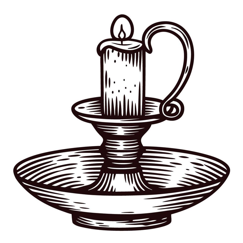 Vintage hand drawn candle with holder and handle in engraved sketch on white background vector