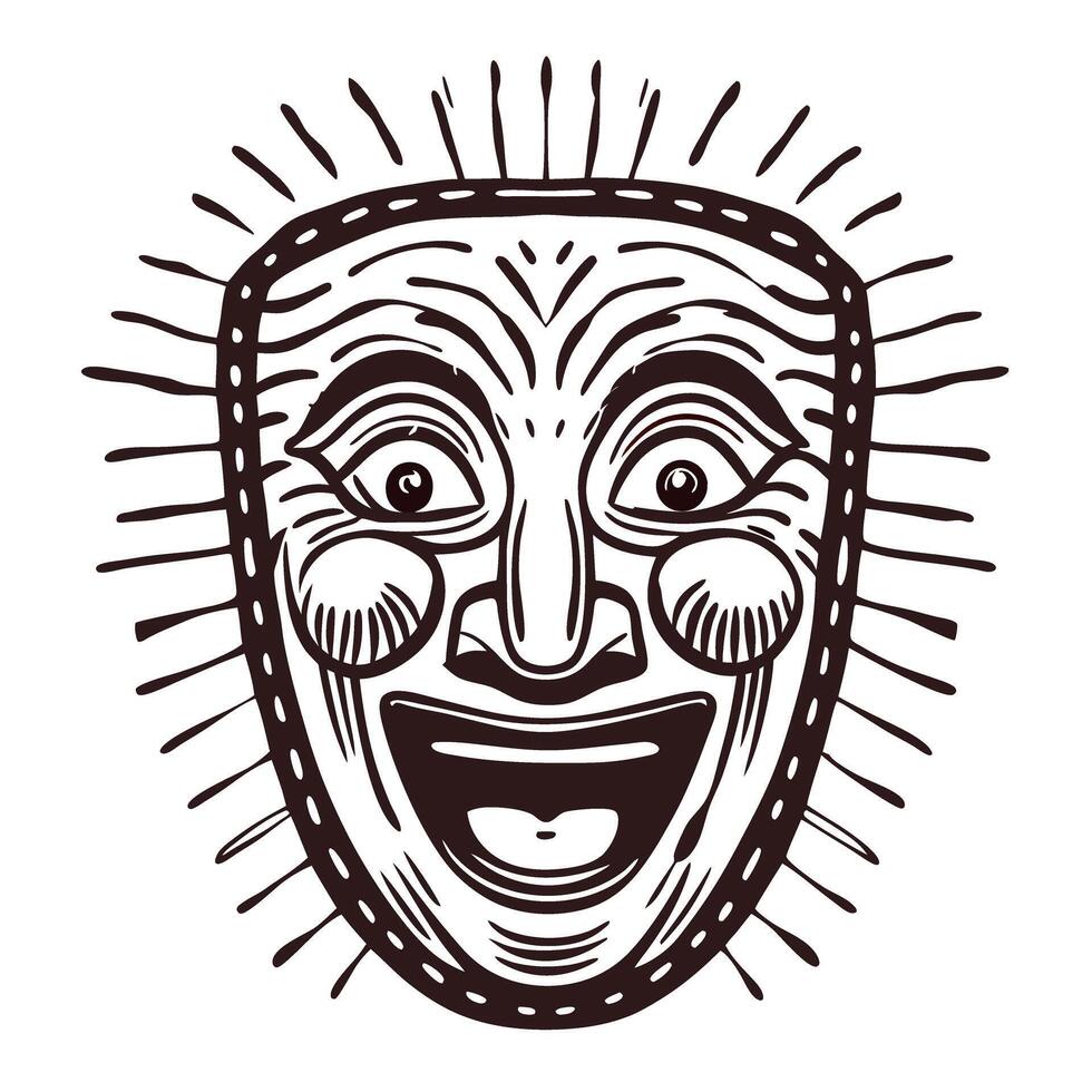 Hand drawn smiling theater mask with expressive joyful face and radiating lines, vintage sketch vector