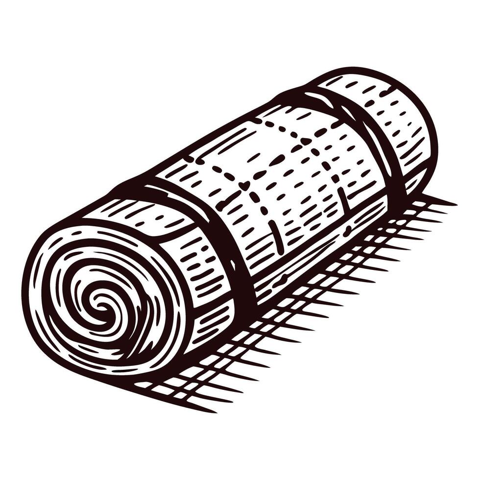 Rolled woven mat illustration detailed black and white sketch of a rolled straw mat with straps for carrying vector