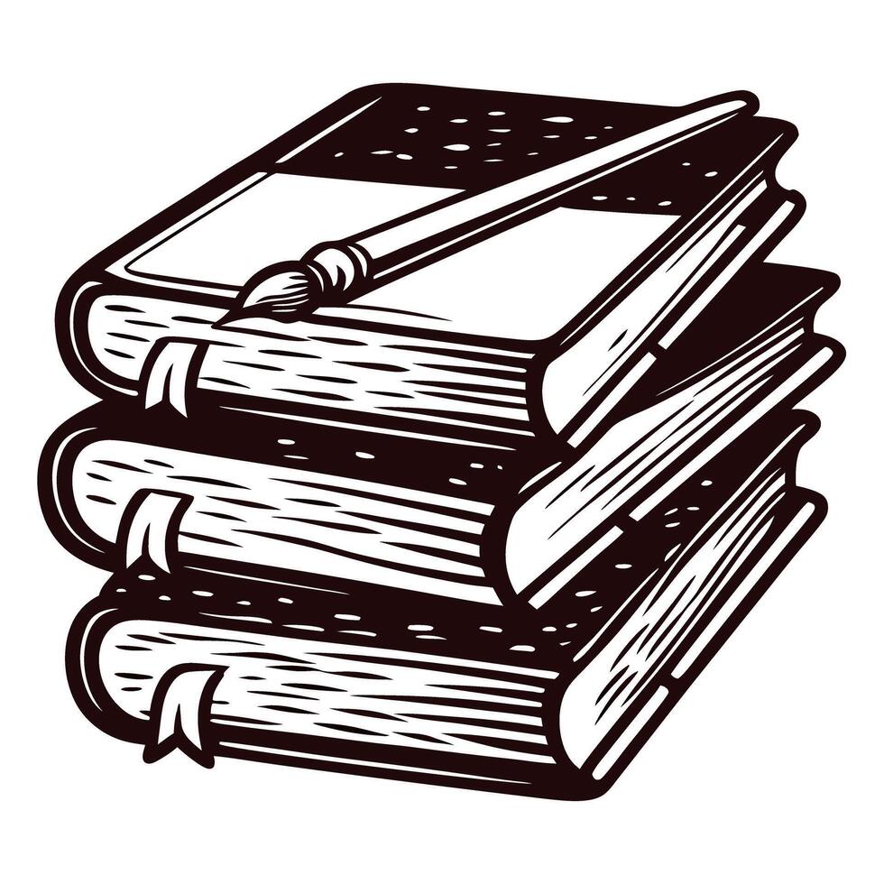 Vintage hand drawn illustration of three stacked books with ribbon bookmarks and a quill pen vector