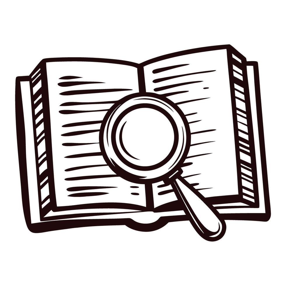 Open book with text lines and magnifying glass isolated on white background hand drawn black and white illustration vector
