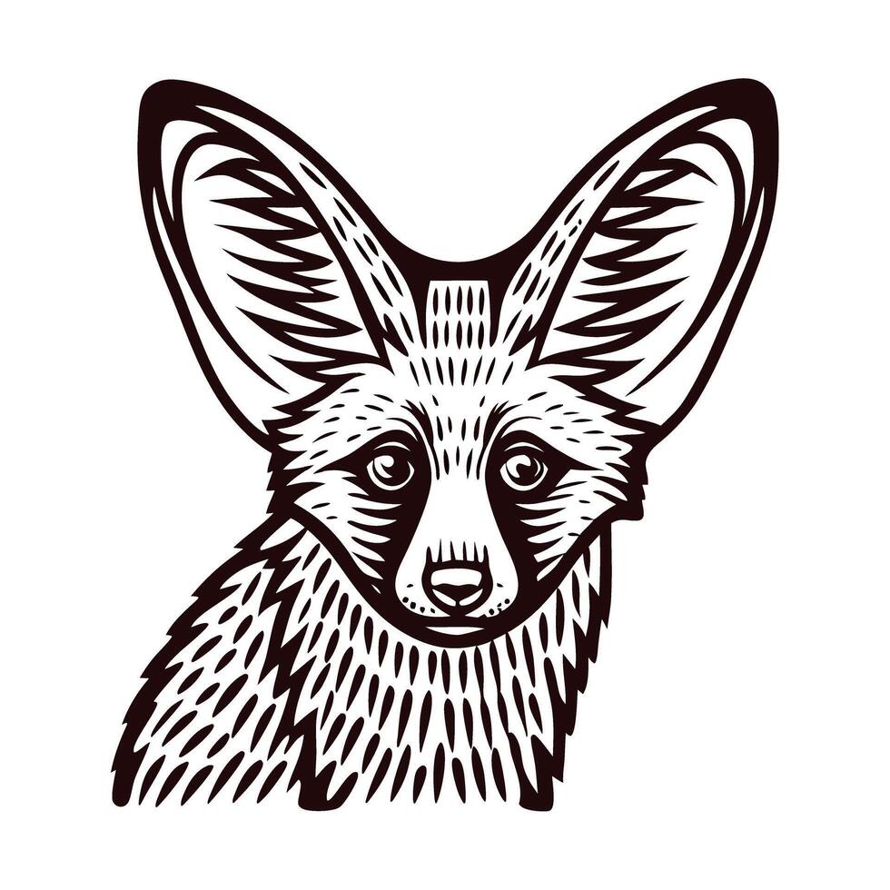 Intricate black and white of a fennec fox with prominent ears and detailed fur vector