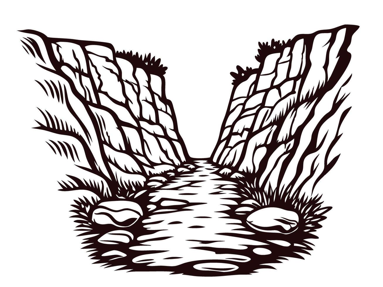 Scenic canyon pass with rocky cliffs and vegetation under clear sky vector